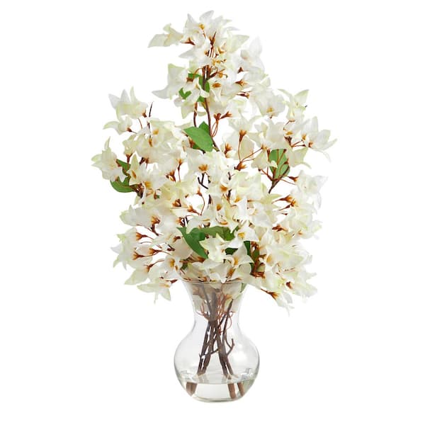 Nearly Natural 22 in. White Artificial Bougainvillea Arrangement with Fluted Glass Vase