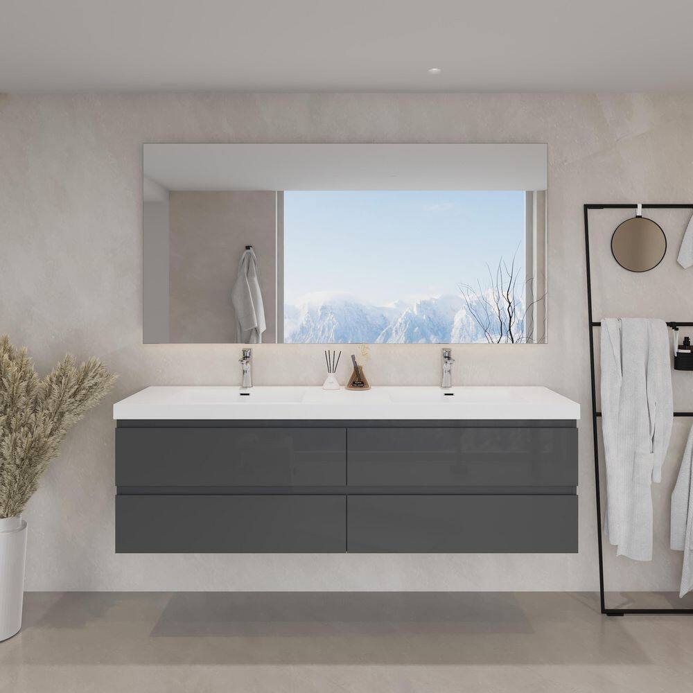 72 in. W Double Sink Floating Bath Vanity in Glossy Black with White Solid Surface Sink Top price history on PriceWatchPro