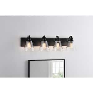 Manor 33 in. 4-Light Matte Black Industrial Bathroom Vanity Light with Clear Glass Shades
