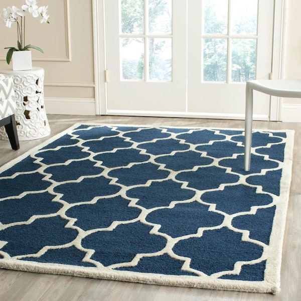 Cambridge Navy/Ivory Doormat 3 ft. x 5 ft. Border Geometric Trellis Area Rug