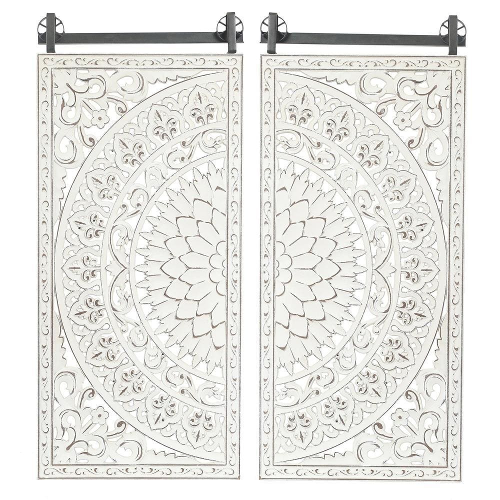 LuxenHome Distressed Ivory White Wood Flower Wall Decor (Set of 2