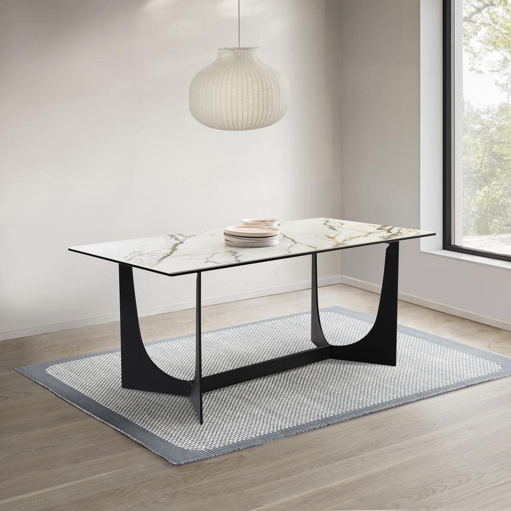 Esme Rectangular Black Glass Top 70 in. Trestle Leg Dining Table Seats 6