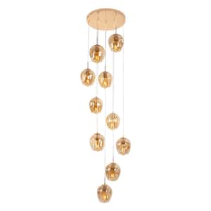 40-Watt 10-Light Gold Modern Pendant Light with Cognac Color Glass Shade for Staircase Foyer, No Bulbs Included