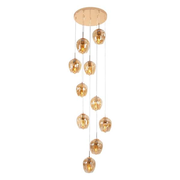 OUKANING 40-Watt 10-Light Gold Modern Pendant Light with Cognac Color Glass Shade for Staircase Foyer, No Bulbs Included