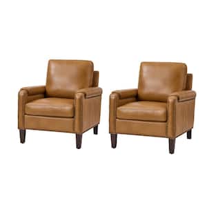 Leander Camel Genuine Leather Armchair Set of 2 with Removable Cushion and Nailhead Trims