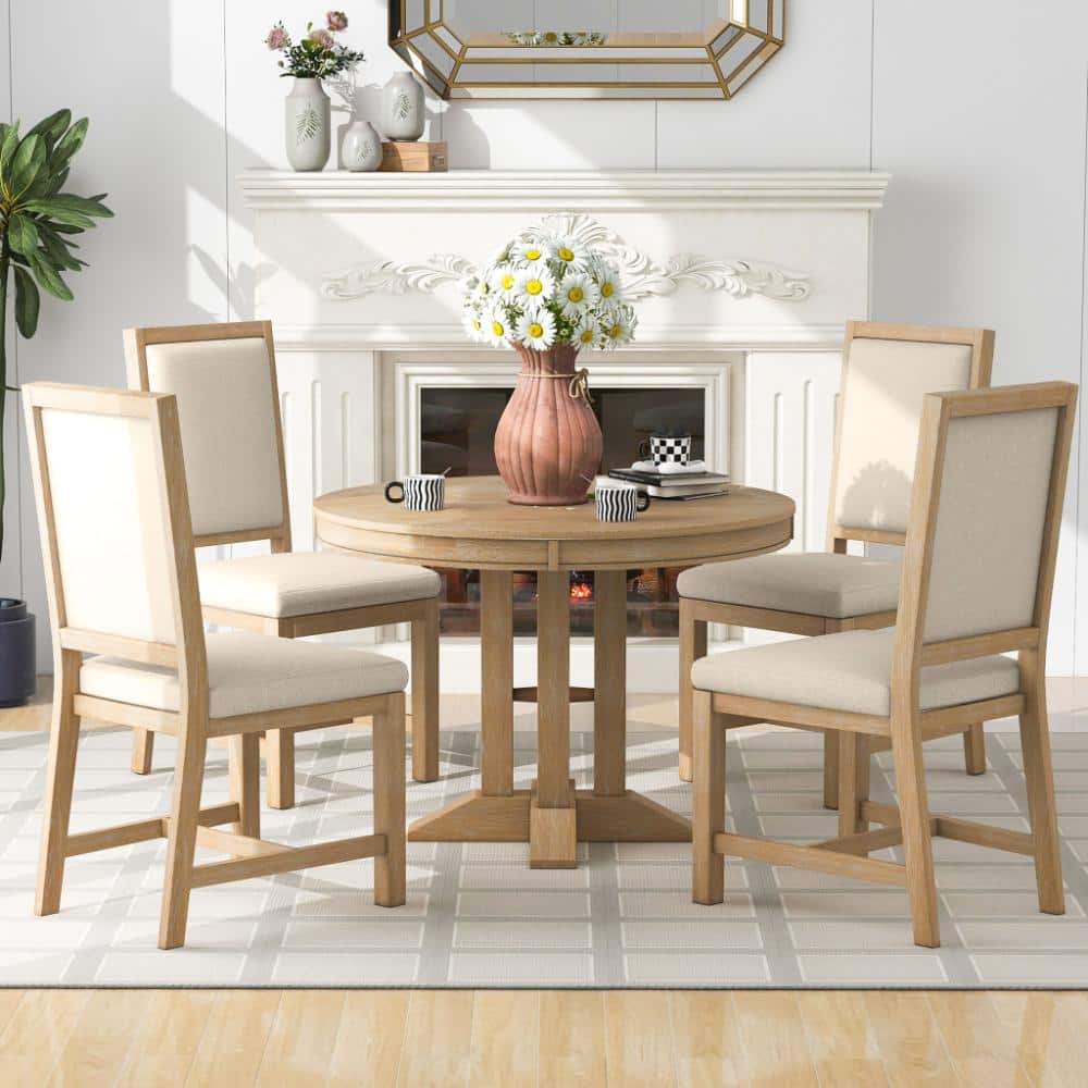 5-Piece Wood Dining Set Extendable Round Table and 4 Upholstered Chairs for Kitchen, Dining Room(Natural Wood Wash)