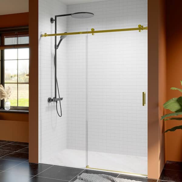 Reversible 56 to 60 in. W x 74 in. H Frameless Sliding Shower Door in Brushed Gold with Soft-Close and Tempered Glass