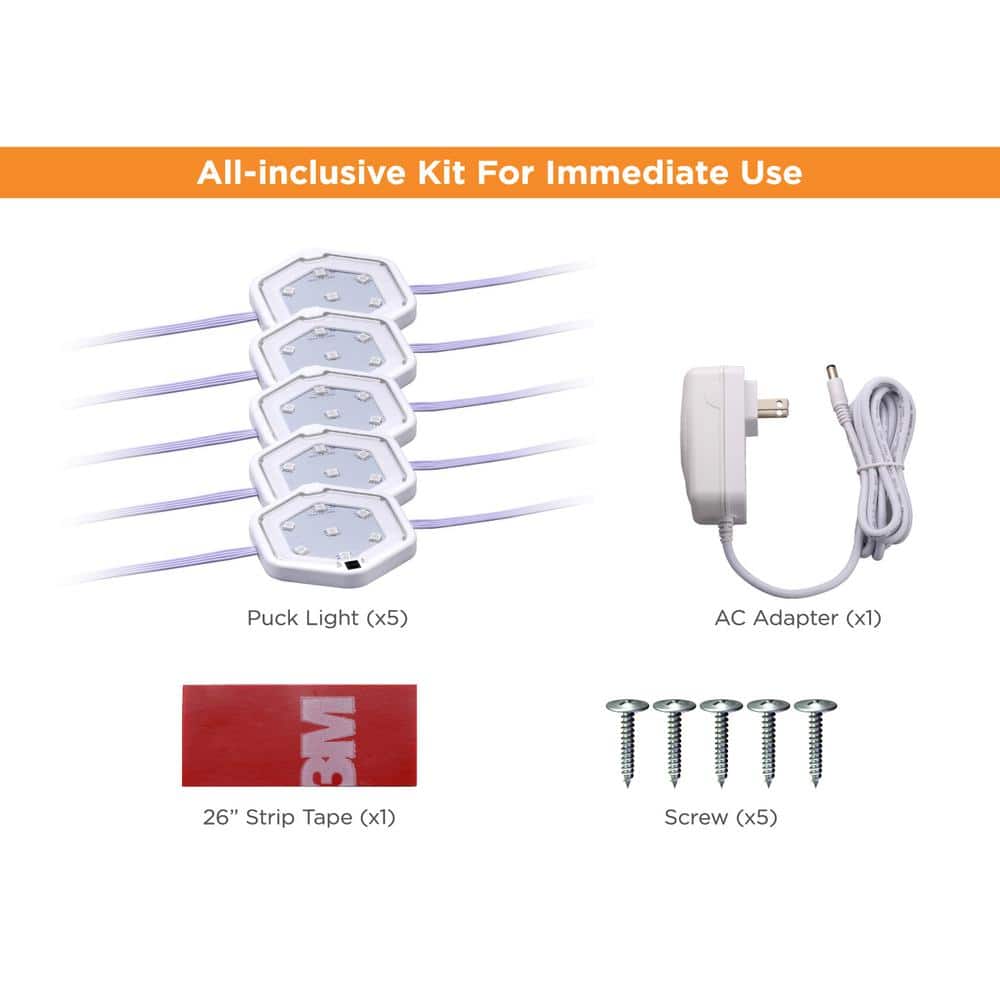 Warm White LED Under Cabinet Puck Light Kit, 5-Pack