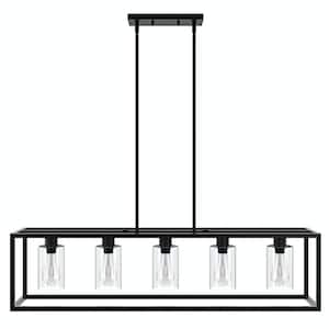 5 -Light Black Unique Statement Square Rectangle Chandelier With Glass Shade