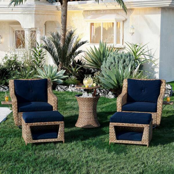 Unbranded 5-Piece Wicker Patio Conversation Set with Pet House, Cool Bar, Retractable Side Tray, Ottomans and Navy Blue Cushions