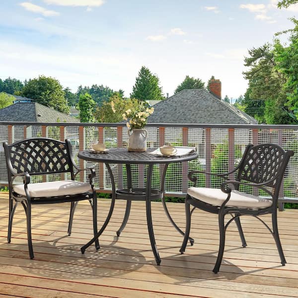 Black with Gold-Painted Edge 3-Piece Cast Aluminum Patio Conversation Set with 1.96 in. Umbrella Hole and Beige Cushions