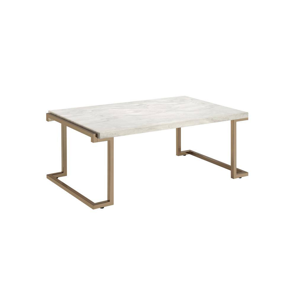 Contemporary Rectangular Lift-Top Coffee Table in Beige Faux Marble & Champagne