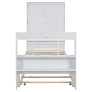 White Wood Frame Twin Platform Bed with Twin Trundle, Movable Bedside Table and Built-in Wardrobe