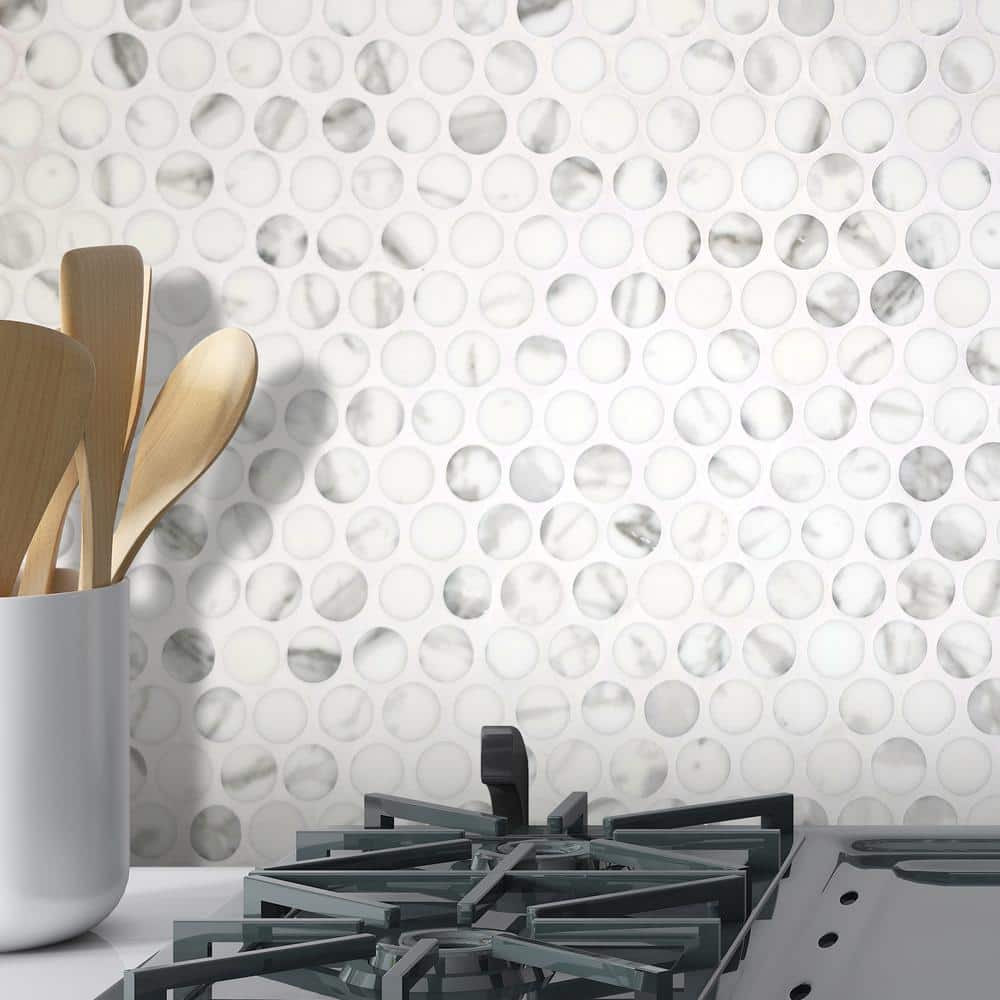 White Calacatta Matte Glass Penny Round Mosaic Tile