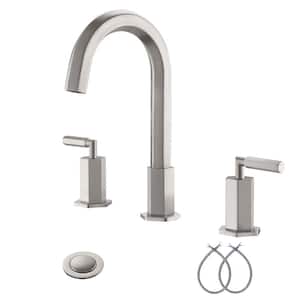 8 in. Widespread 2-Handle 3 Hole Brushed Nickel Hexagonal Bathroom Faucet, with Steel Pop-Up Drain and Water Supply Line