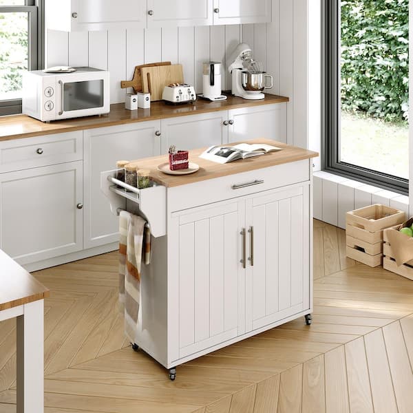 STICKON STICKON White Rolling Rattan Kitchen Island with Storage Cabinet