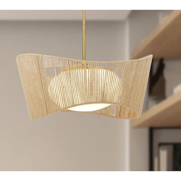 Key Largo 100-Watt 1-Light Soft Brass Shaded Pendant Light with Etched Opal Glass and Natural Rope Shade
