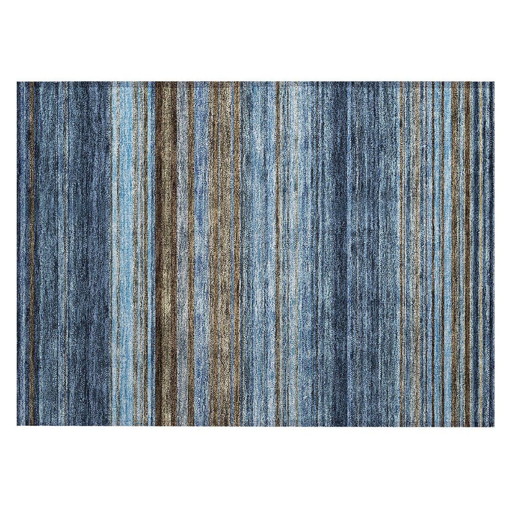 Navy and Brown Synthetic Striped Rectangular Indoor/Outdoor Rug