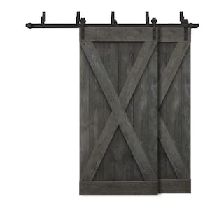 56 in. x 84 in. X Bypass Carbon Gray Stained DIY Solid Wood Interior Double Sliding Barn Door with Hardware Kit