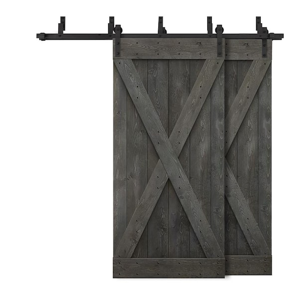 CALHOME 64 in. x 84 in. X Bypass Carbon Gray Stained DIY Solid Wood Interior Double Sliding Barn Door with Hardware Kit