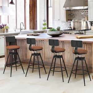 26"to 38"Leonardo Adjustable Height Caramel Brown Leather Fabric Cushion Metal Black Leg Swivel Bar Stool Chair(4-Pack)