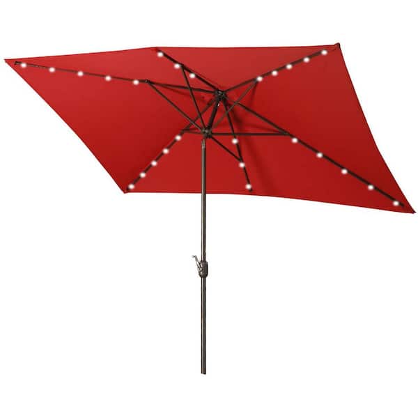 SUNVIVI 6.5 x 10 ft. Rectangular Market Patio Umbrella with Solar Lights, 30 LED light, Push Button Tilt & Crank, in Wine Red