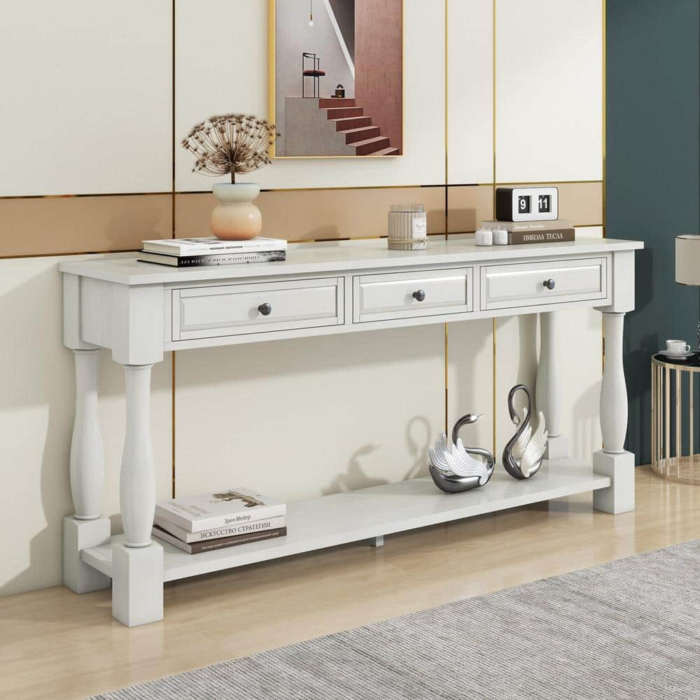 Nestfair 63 in. Antique White Rectangle Wood Long Console Table with  Drawers and Shelf CT0093K - The Home Depot