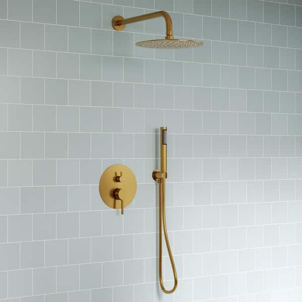 Double Handle 2-Spray 10 in. Wall Mount Shower Faucet 2.5 GPM with Anti Scald in Brushed Gold Valve Included