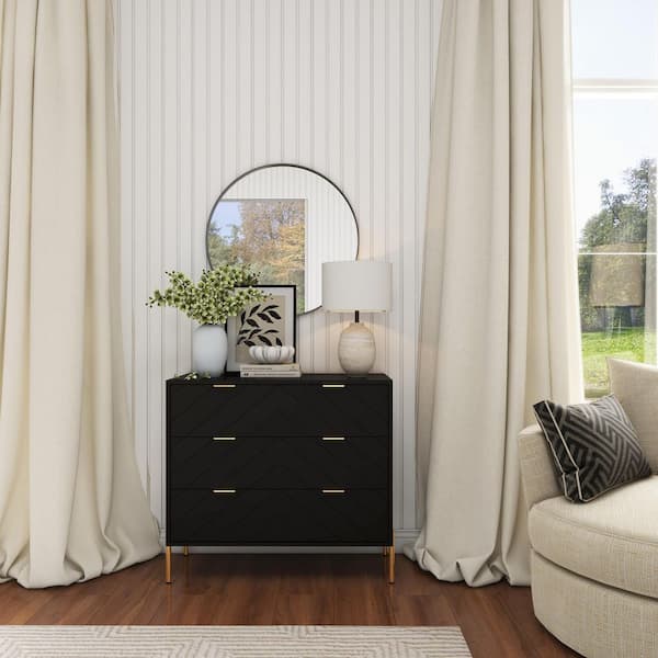 Clihome Modern Black 3-Drawer 31.5 in. H Chest with Metal Legs MDF Storage Cabinet