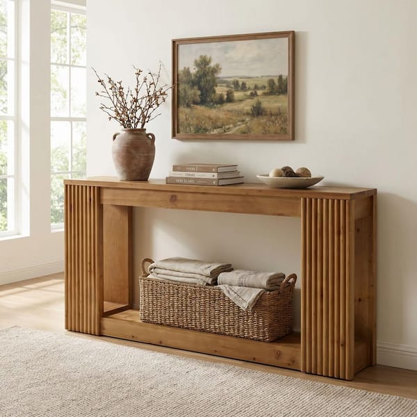 BYBLIGHT Turrella 63 in. Brown Rectangle Solid Wood 2-Tier Console ...