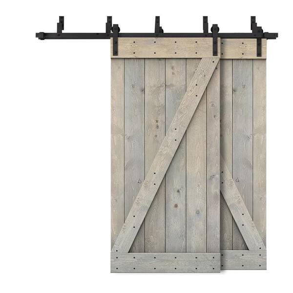 CALHOME 44 in. x 84 in. Z-Bar Bypass Smoke Gray Stained DIY Solid Wood Interior Double Sliding Barn Door with Hardware Kit