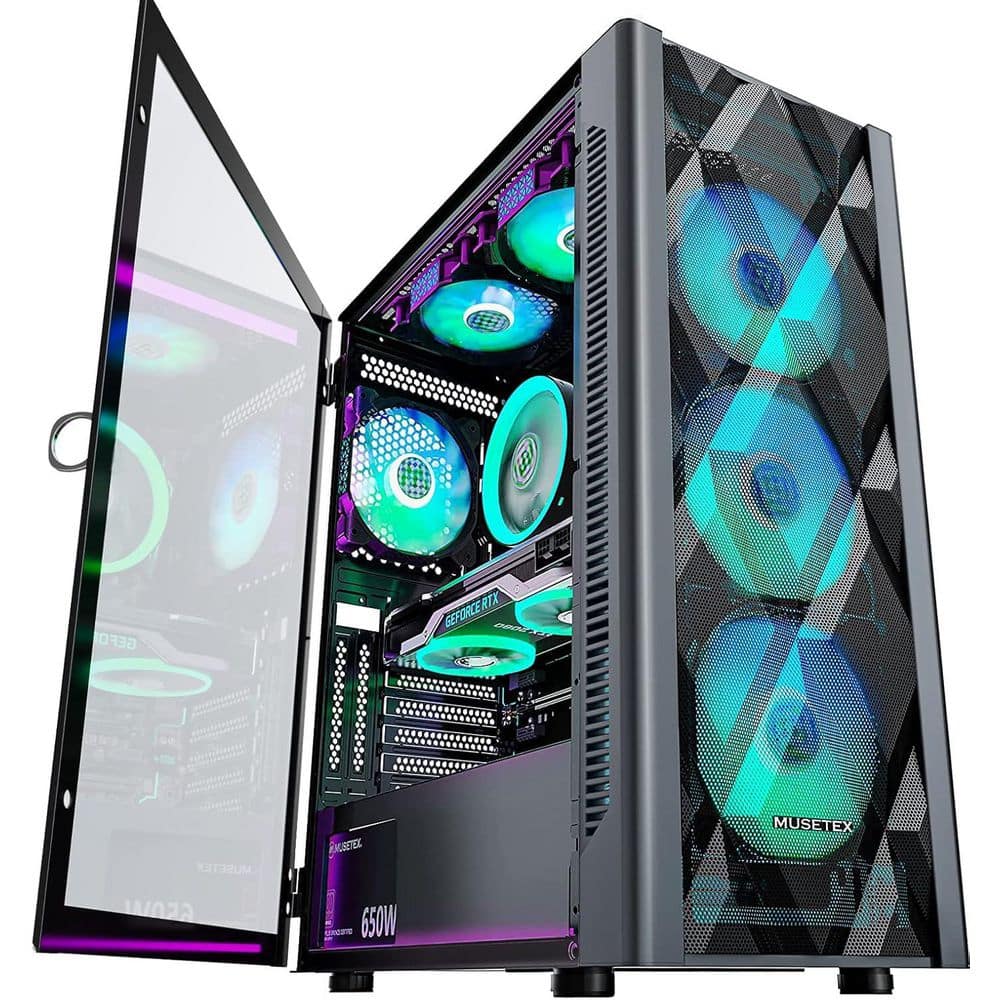 ATX Mid-Tower Gaming Case with 6-ARGB Fans, Tempered Glass Side Panel, USB 3.0, Black