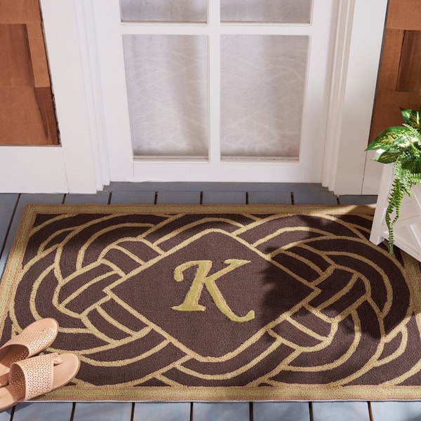 Monogram Chocolate 3 ft. x 4 ft. "K" Ornate Swirl Indoor/Outdoor Area Rug