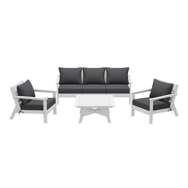 WESTIN OUTDOOR Birchwood White Arrangeable 6-Piece Outdoor Plastic HDPE Deep Seating Patio Conversation Sofa Set w/ Gray Cushions