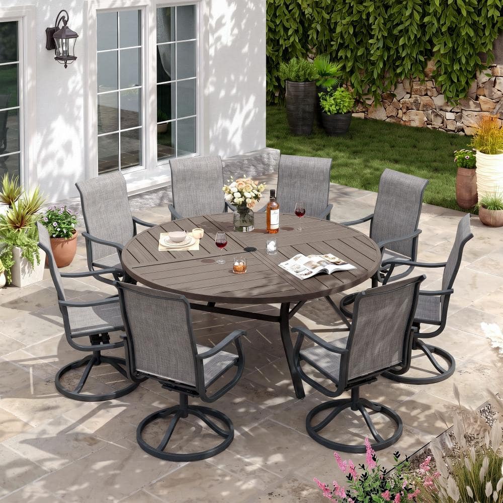 9-Piece Metal Outdoor Patio Dining Set with Round Table and High Back Padded Textilene Swivel Chairs in Gray price history on PriceWatchPro