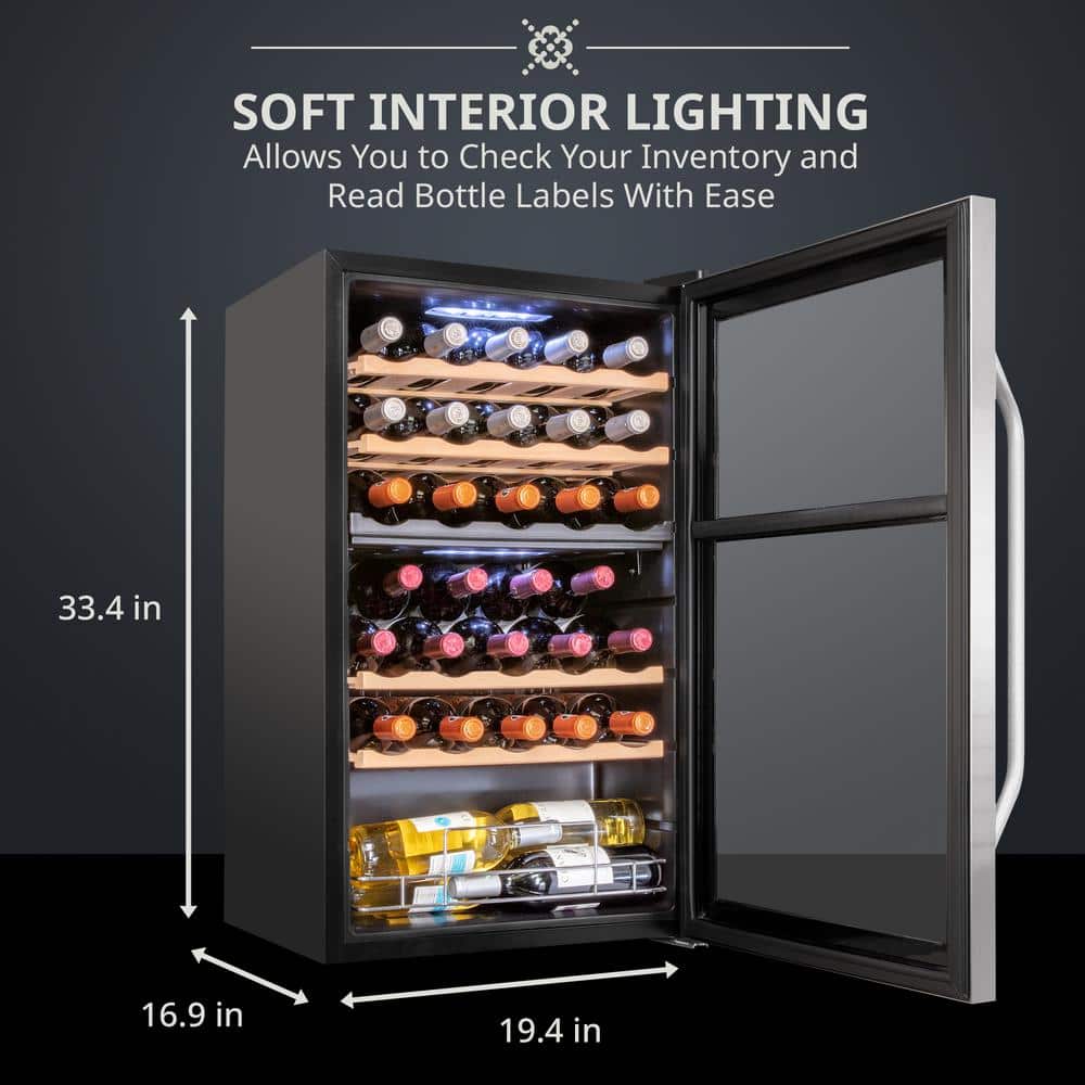 Ivation 33-Bottle Stainless Steel Dual Zone Wine Cooler with LED Lighting