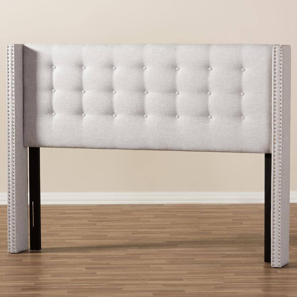 Beige Tufted Upholstered Full Wingback Headboard with Nailhead Trim