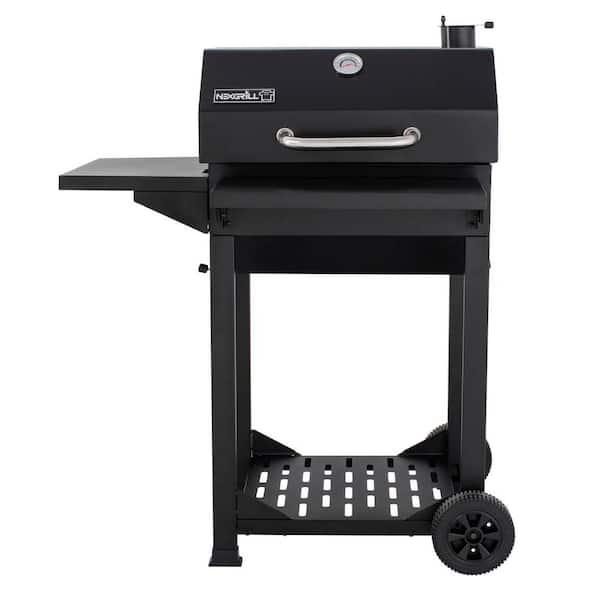 Nexgrill Cart-Style Charcoal Grill in Black with Side Shelf and Foldable Front Shelf