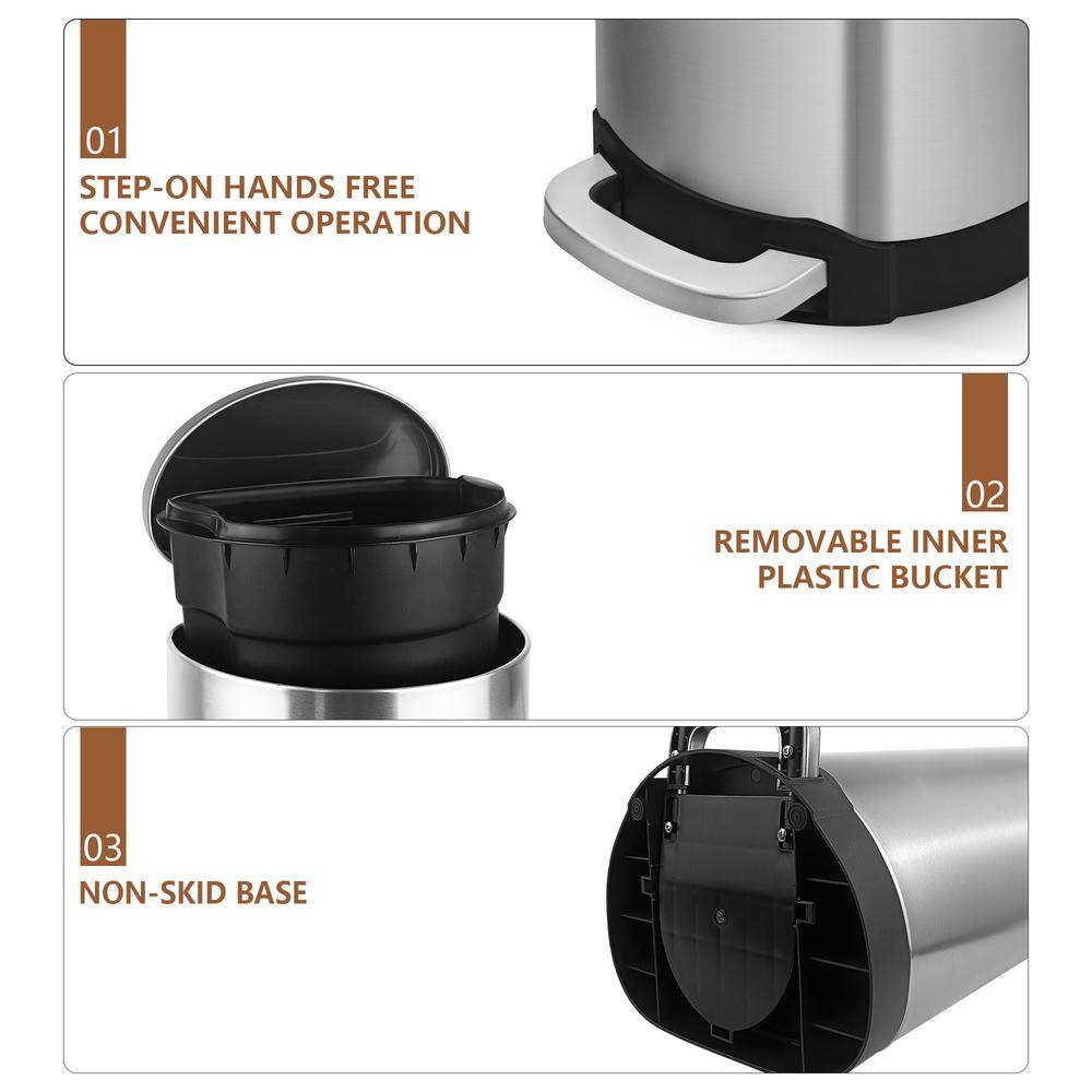 1.6 Gallon Brushed Stainless Steel Semi-Round Step-On Trash Can
