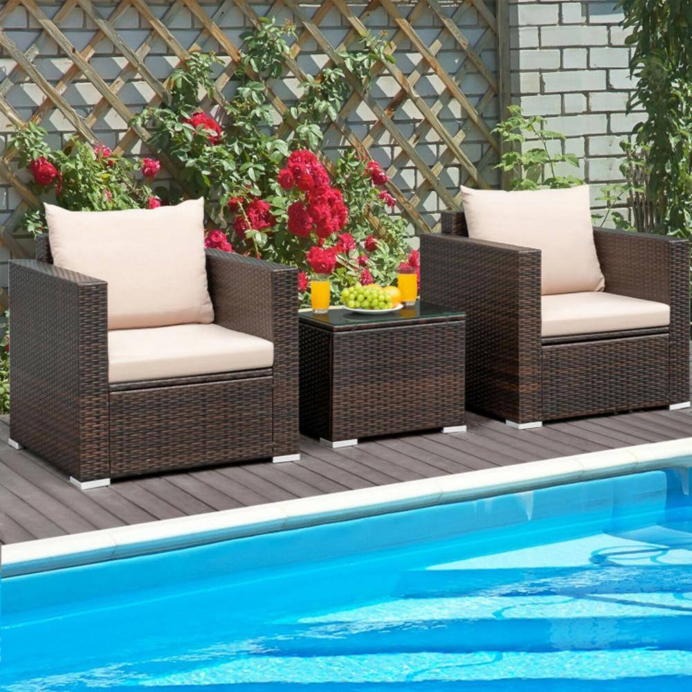 Beige 3-Piece Rattan Patio Conversation Set with Cushions