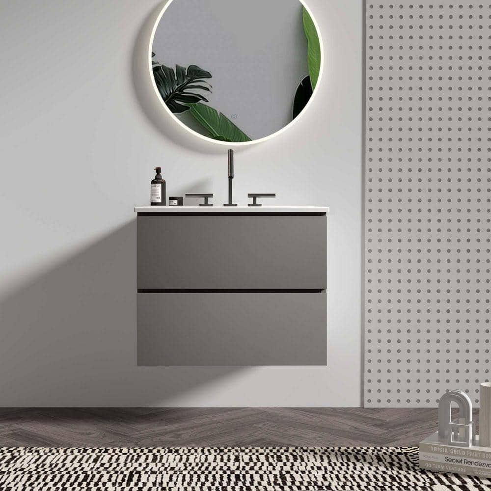 BANGKING マリー FAMYYT 24 in. W Single Sink Floating Gray Bath Vanity with White