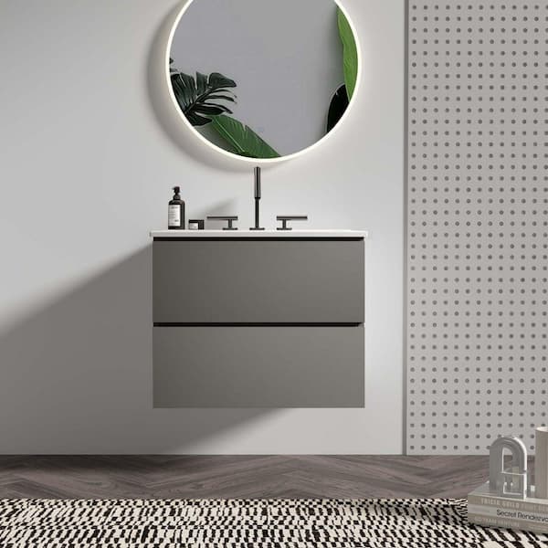 24 in. W Single Sink Floating Gray Bath Vanity with White Ceramic Top