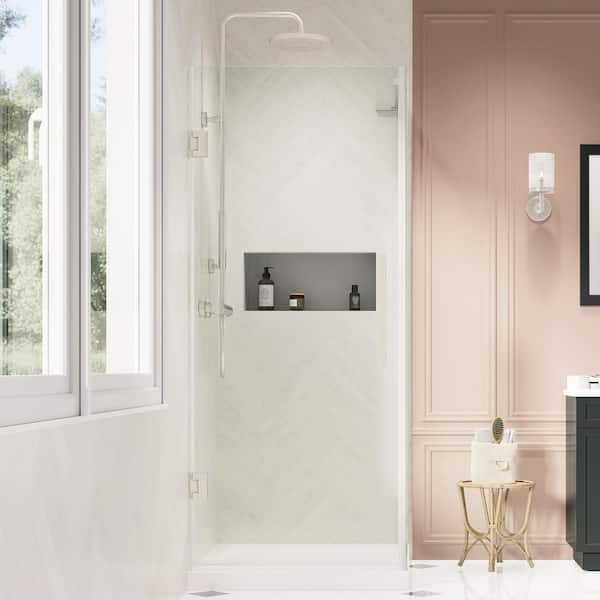 OVE Decors Tampa-Pro 32in. L x 32in. W x 75in. H Corner Shower Kit w/Pivot Frameless Shower Door in Satin Nickel and Shower Pan