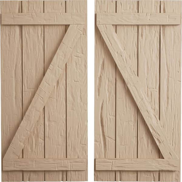 Ekena Millwork 22 in. x 40 in. Timberthane Polyurethane 4-Board Joined Board-n-Batten Hand Hewn Faux Wood Shutters w/Z-Board Pair