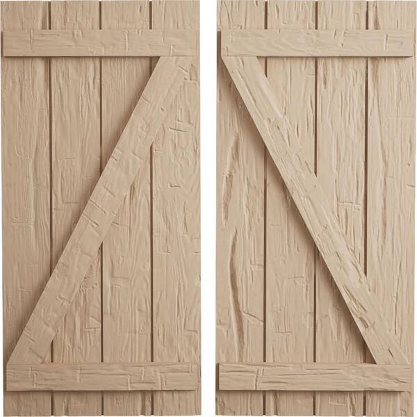 Ekena Millwork 22 in. x 82 in. Timberthane Polyurethane 4-Board Joined Board-n-Batten Hand Hewn Faux Wood Shutters w/Z-Board Pair