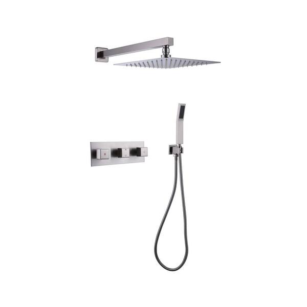 WELLFOR 2-Spray Patterns with 2 GPM 12 in. Tub Wall Mount Dual Shower Heads in Brushed Nickel