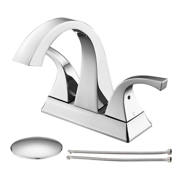 Pdpbath 4 in. Centerset Double Handles Low Arc Bathroom Sink Faucet with Drain Kit Included in Chrome