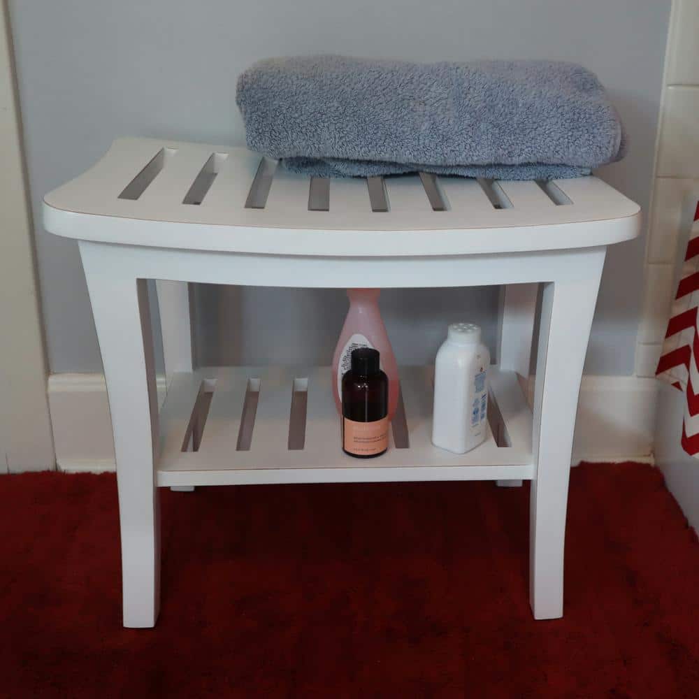 White Distressed Teak Spa Bench with Shelf