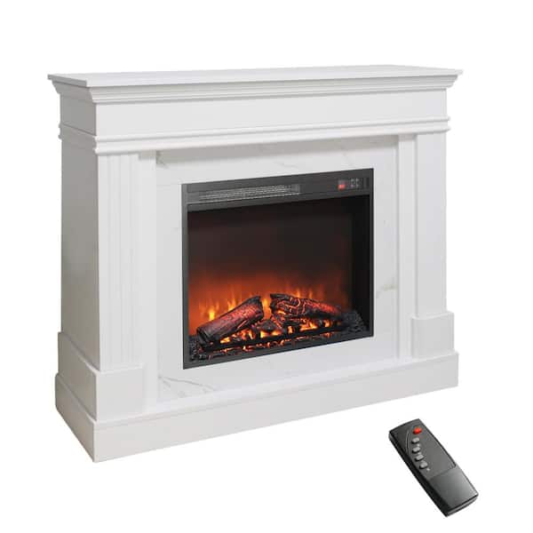 44 in. Freestanding Wood Electric Fireplace with Mantel and LED Flame, Remote Control and Timer in White
