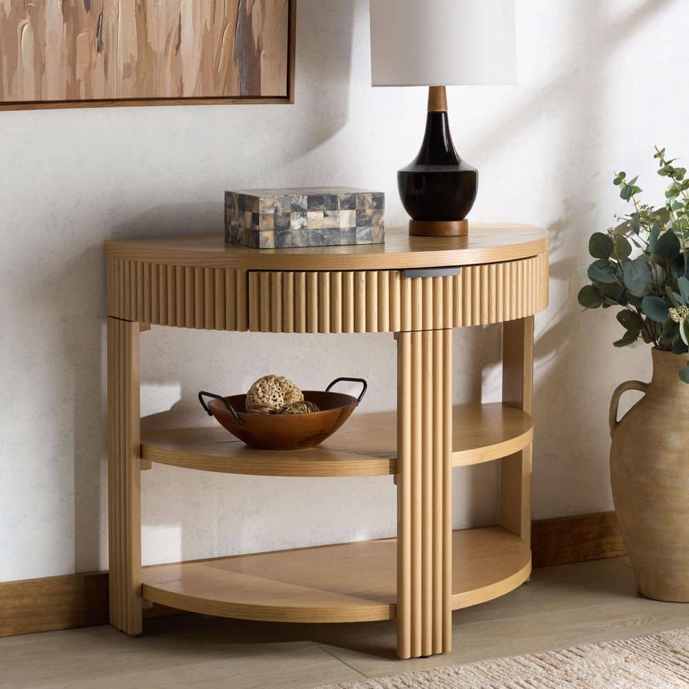 Shelbie 16.4 in. Oak/Black Half-Moon Wood Console Table price history on PriceWatchPro